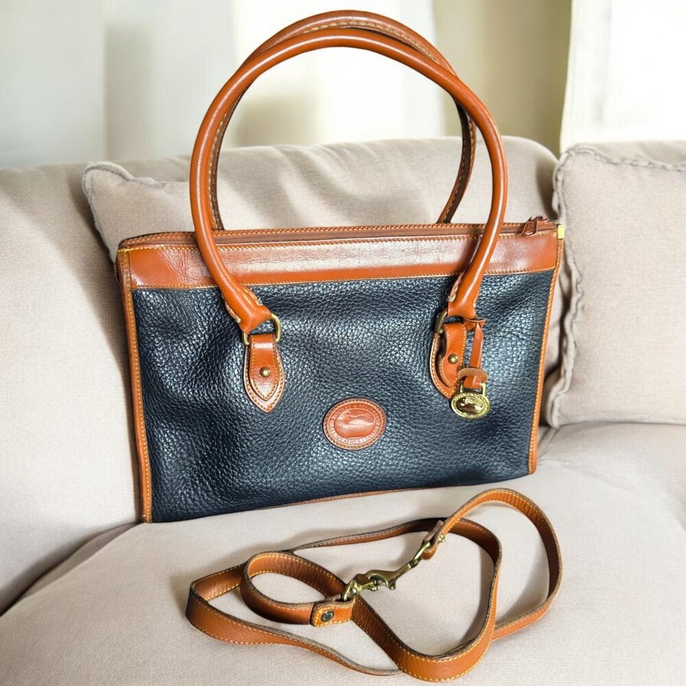 Vintage DOONEY & BOURKE 80's Pebbled Navy Brown Leather Satchel Crossbody